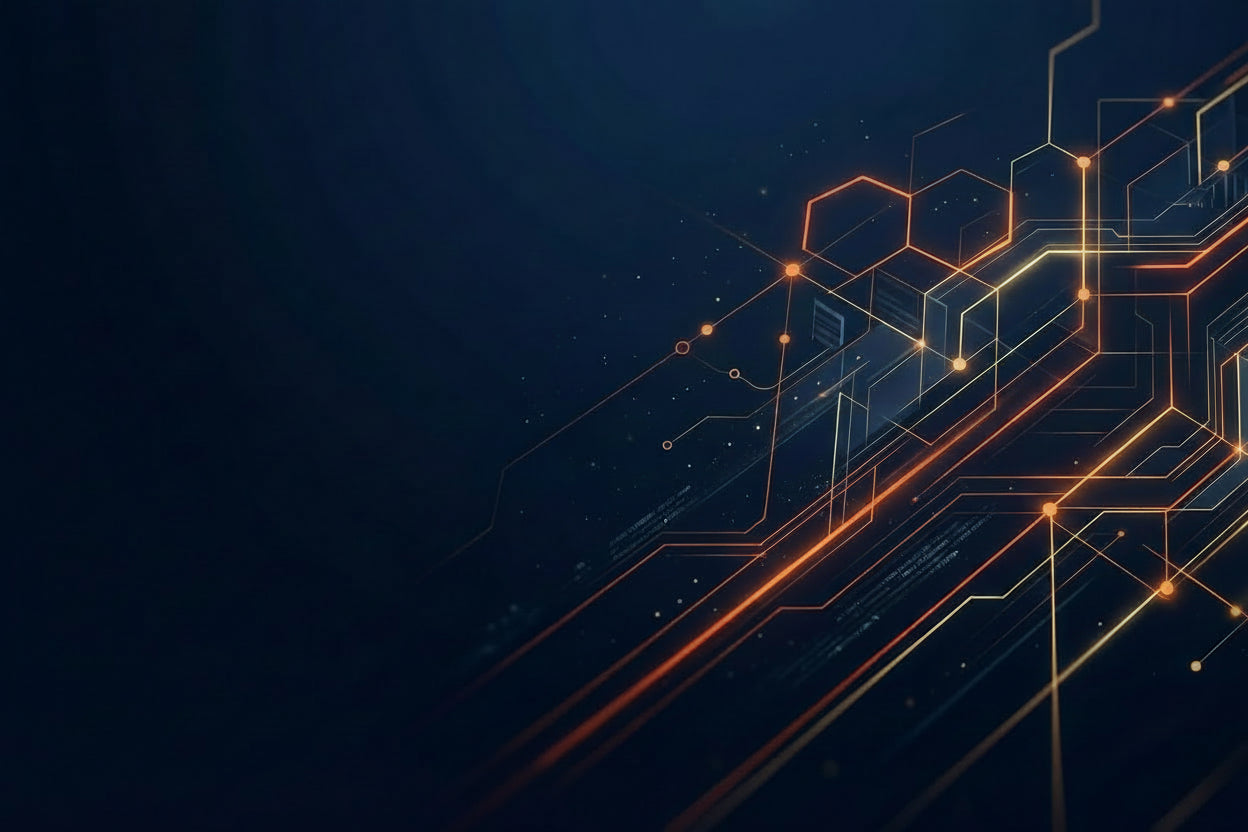 Technological background with glowing lines and hexagonal patterns on a dark blue background.